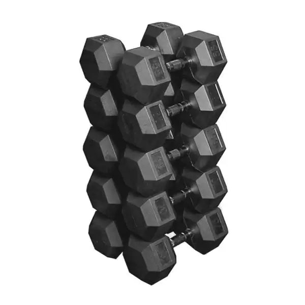 Stacked 55-80lb hex dumbbell set for advanced lifters, fitness equipment Vancouver.