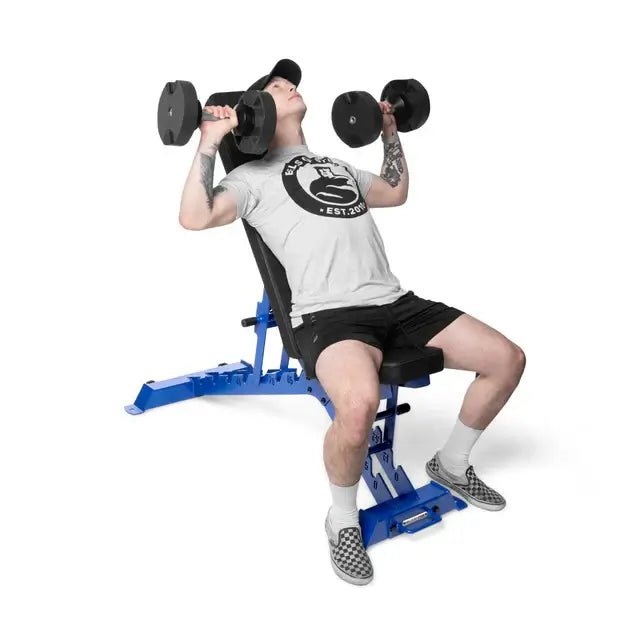 Person using Buzz-Saw Heavy-Duty Adjustable Bench for dumbbell press, fitness equipment Vancouver.