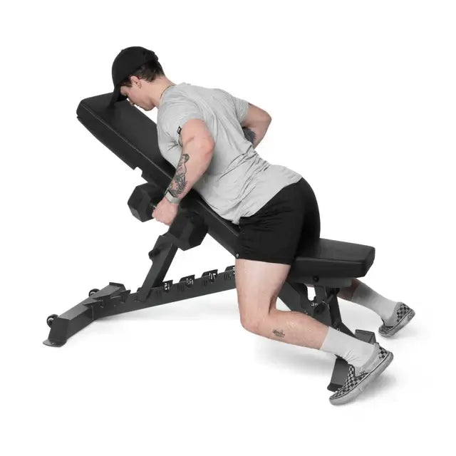 Person using BUZZ-SAW Heavy-Duty Adjustable Bench for workout in home gym Vancouver