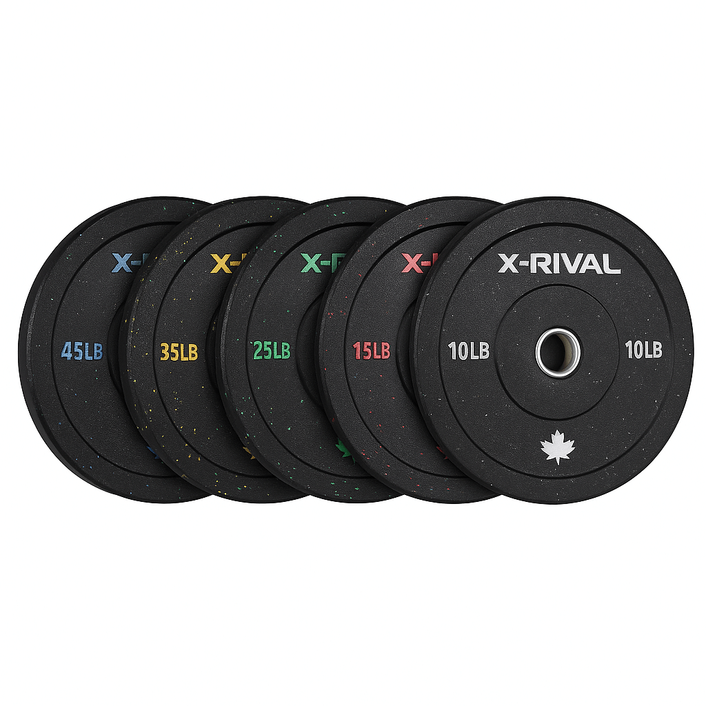 X-RIVAL 260LBS Crumb Bumper Plates Set for gyms in Vancouver and BC, ideal fitness equipment for home and commercial use.