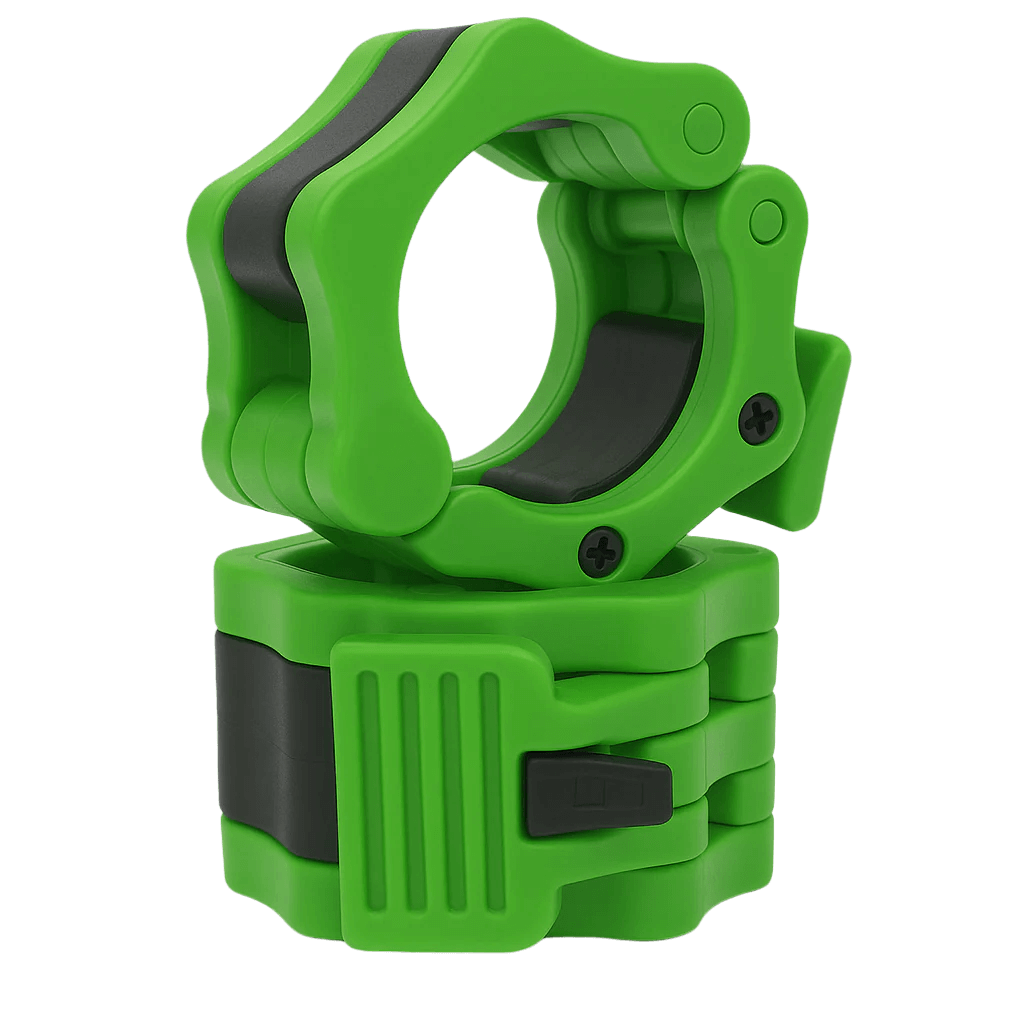 Green 2-inch Olympic barbell collars by X-RIVAL for secure weightlifting, available at fitness equipment stores in Vancouver.
