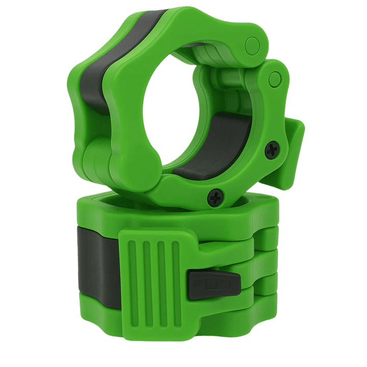 Green 2-inch Olympic barbell collars by X-RIVAL for secure weightlifting, available at fitness equipment stores in Vancouver.