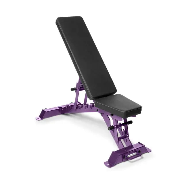 BUZZ-SAW Heavy-Duty Adjustable Bench for home gyms in Vancouver, featuring 8 back pad angles, black and purple design.