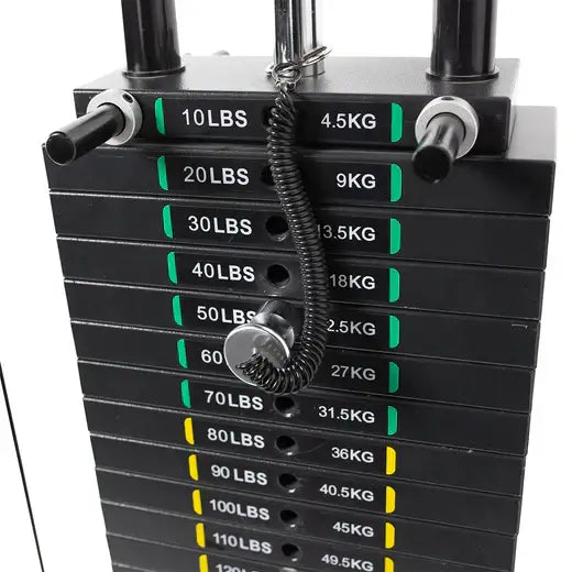 Weight stack for lat pulldown low row machine, adjustable in 10lb increments, ideal for home gym fitness in Vancouver.