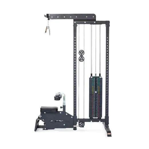 LAT pulldown low row machine for home gyms, fitness equipment Vancouver, space-efficient design with weight stack option.