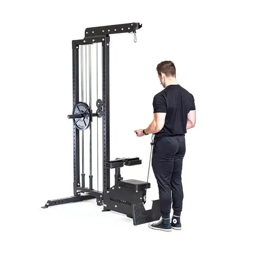 Man using LAT pulldown machine in a home gym, fitness equipment Vancouver.
