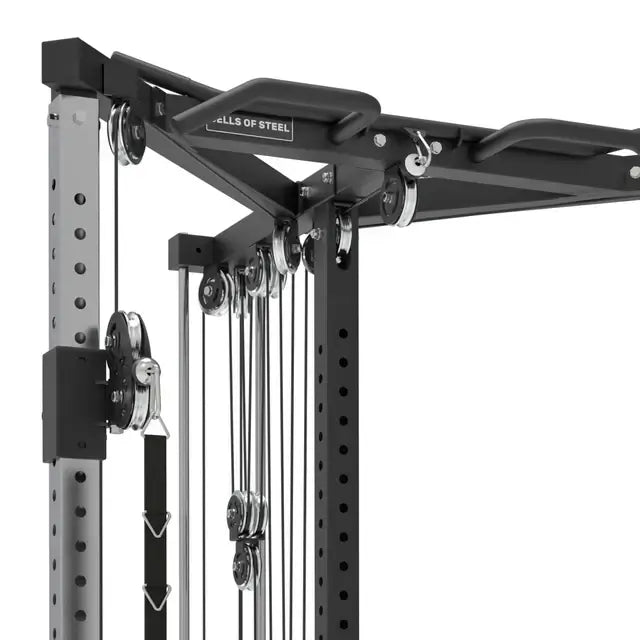 Multi-purpose cable trainer with pulleys, ideal for Vancouver home gyms, offering versatile exercise options for strength training.