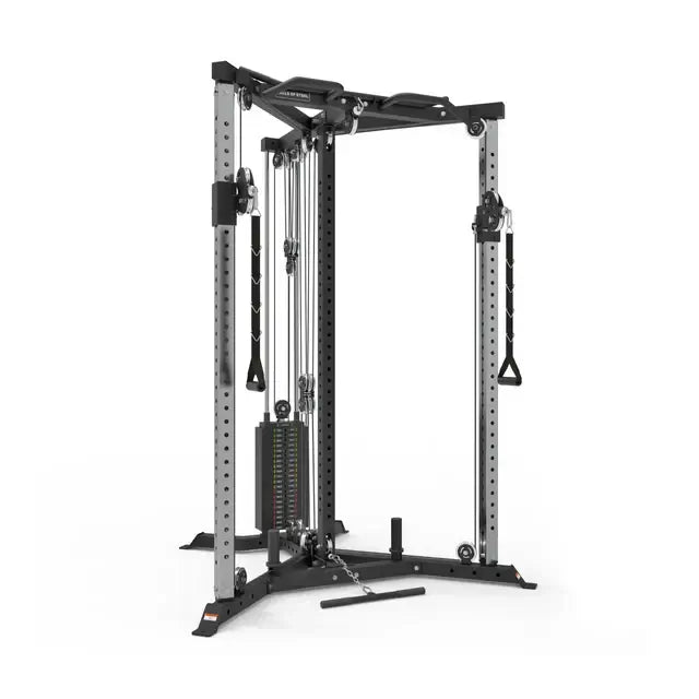 All-in-One Trainer multi-purpose fitness equipment for home or gym in Vancouver, featuring cable and barbell stations, squat stand.