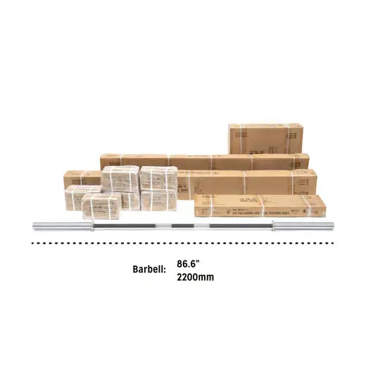Barbell 86.6 inches 2200mm with packed gym equipment boxes at a Vancouver gym equipment store