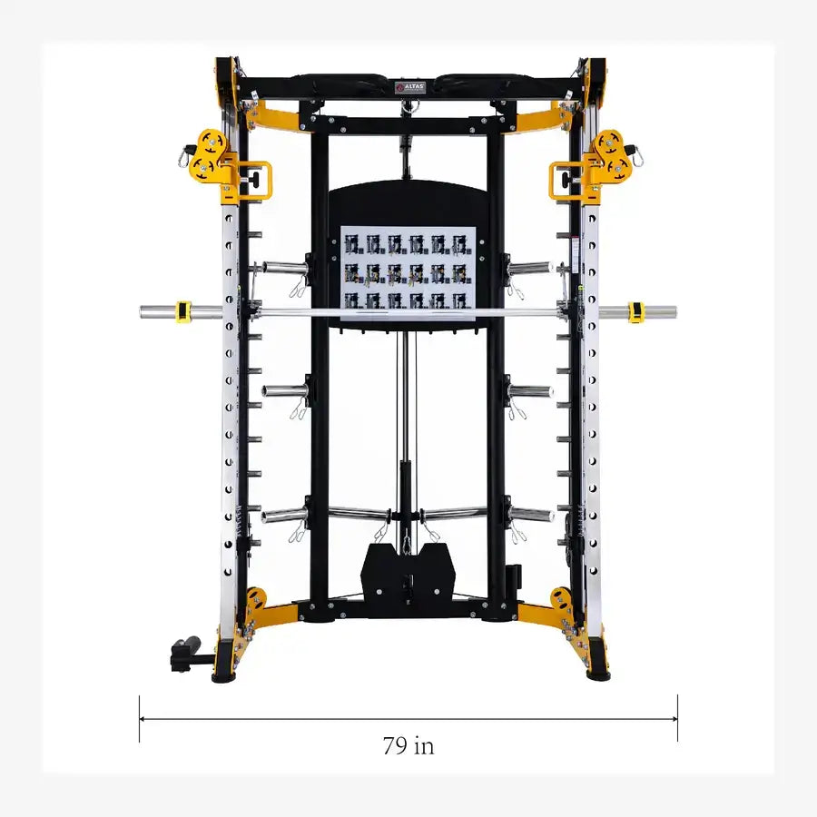 Altas AL-3059 Smith Machine, versatile gym and home fitness equipment in Vancouver, 79x58x88in, yellow alloy steel.