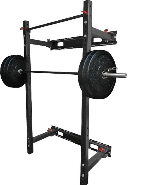 X-RIVAL XRWR07 Folding Wall Rack in red, perfect for space-saving home gyms in Vancouver, featuring a sturdy 2x2" steel frame.