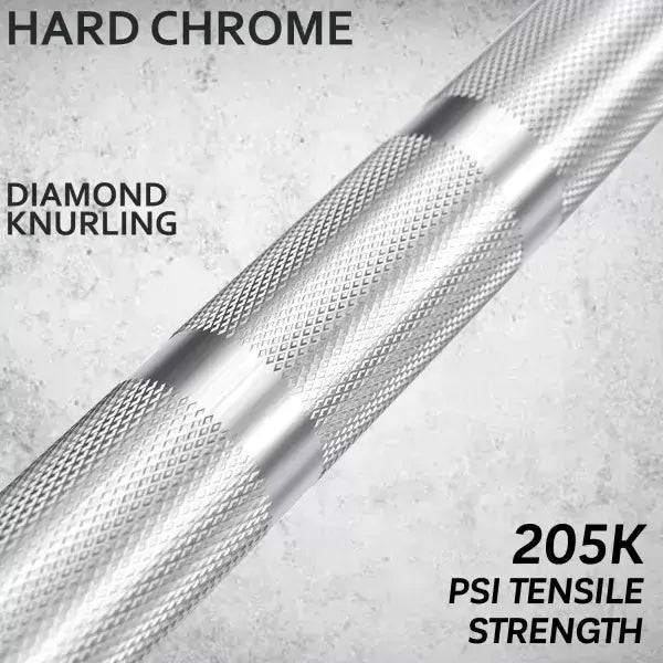 Close-up of X-RIVAL Olympic Barbell with diamond knurling, 205K PSI tensile strength, hard chrome finish. Ideal gym equipment Vancouver.