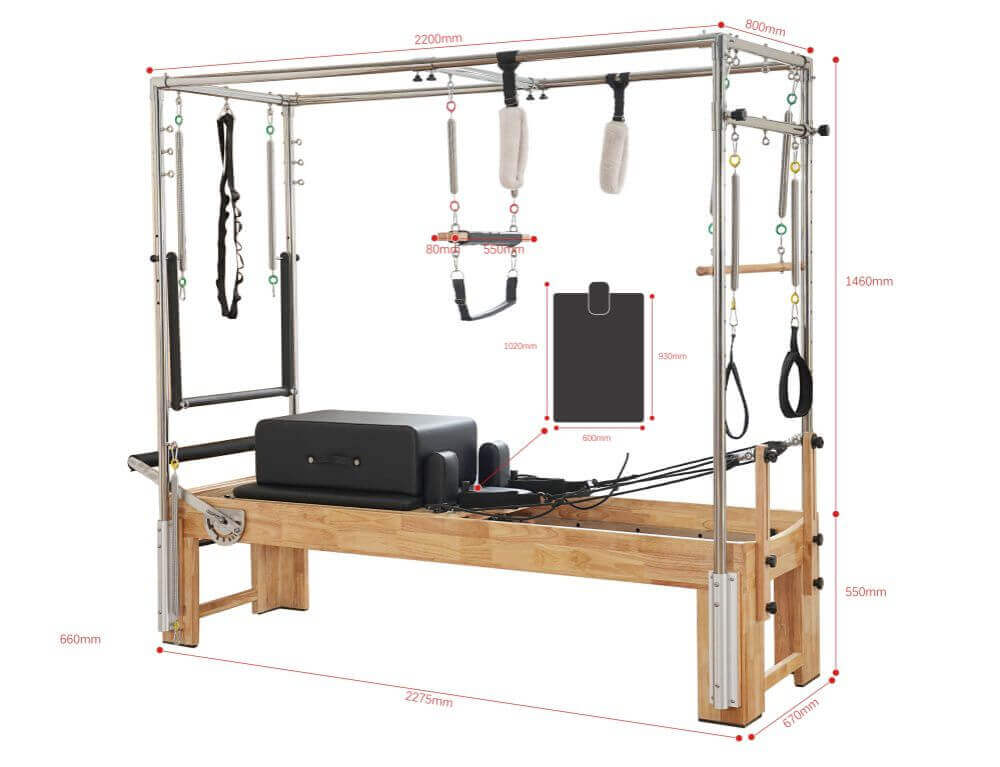 Wood Pilates Cadillac Reformer with functional training frame, fitness equipment available in Vancouver for versatile workouts.