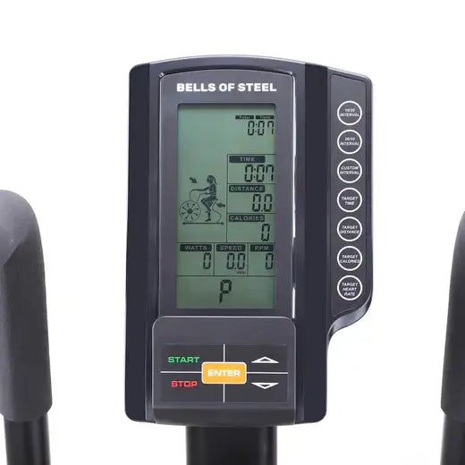 Digital display of Blitz Air Bike showing workout metrics, part of fitness equipment available in Vancouver gyms.