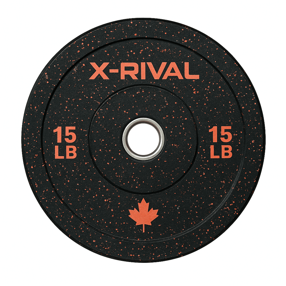 X-RIVAL 15 lb Crumb Bumper Plate for eco-friendly gym workouts in Vancouver. Explore fitness equipment made from recycled rubber.