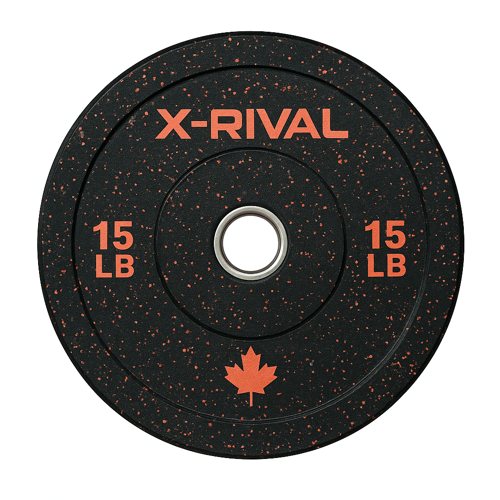 X-RIVAL 15 lb Crumb Bumper Plate for eco-friendly gym workouts in Vancouver. Explore fitness equipment made from recycled rubber.