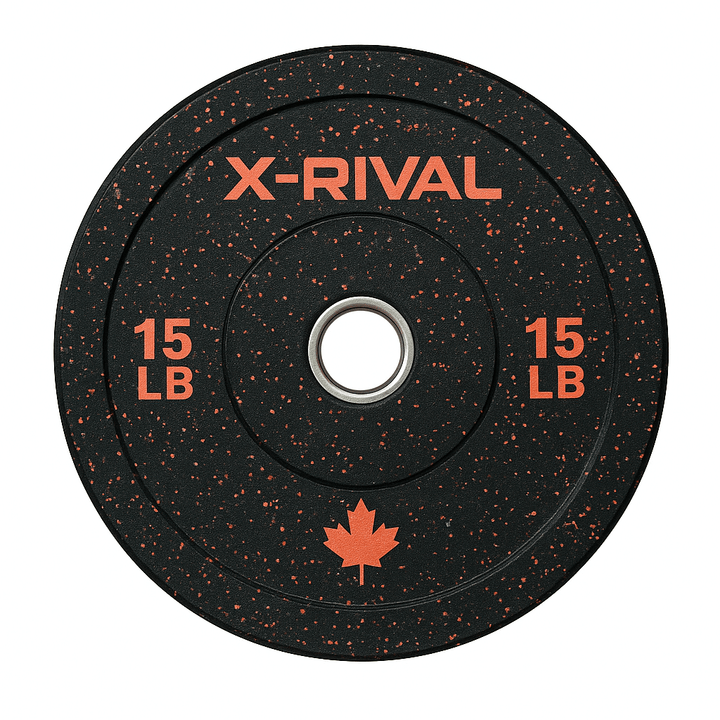 X-RIVAL 15 lb Crumb Bumper Plate for eco-friendly gym workouts in Vancouver. Explore fitness equipment made from recycled rubber.