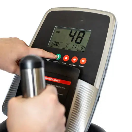 Close-up of Blitz Stepper console with digital display, fitness equipment Vancouver, stair climber workout.