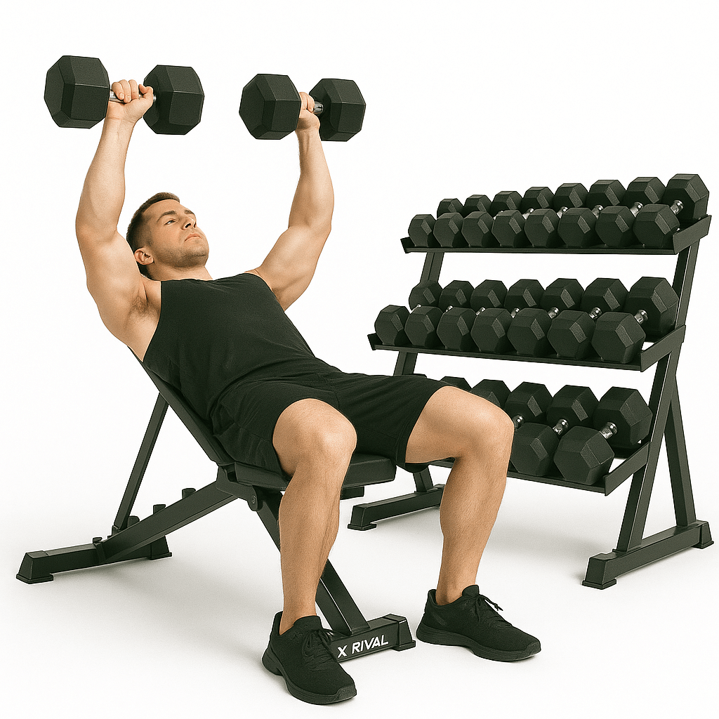 Man lifting X-RIVAL Rubber Hex Dumbbells in a gym with dumbbell rack; fitness equipment in Vancouver BC.