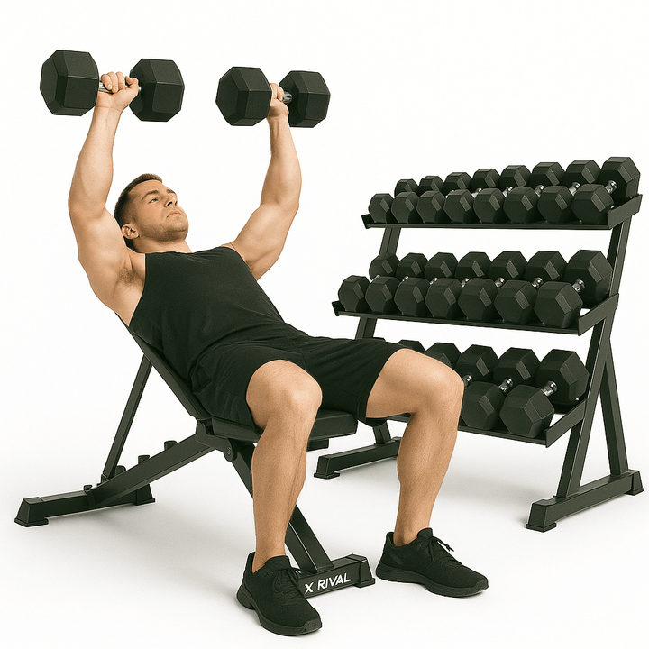 Man lifting X-RIVAL Rubber Hex Dumbbells in a gym with dumbbell rack; fitness equipment in Vancouver BC.