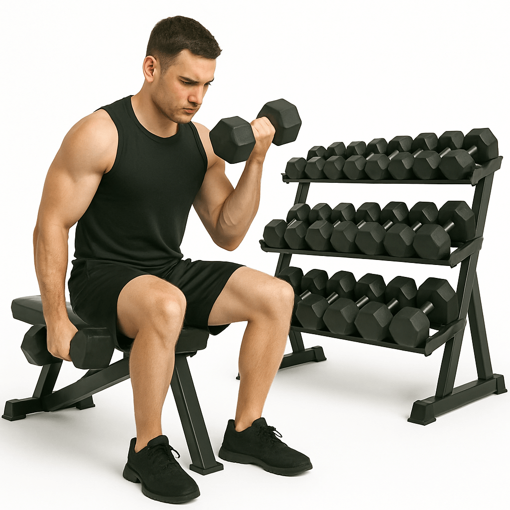 Man using X-RIVAL Rubber Hex Dumbbell for strength training in a gym with dumbbell rack, ideal exercise equipment for Vancouver fitness.