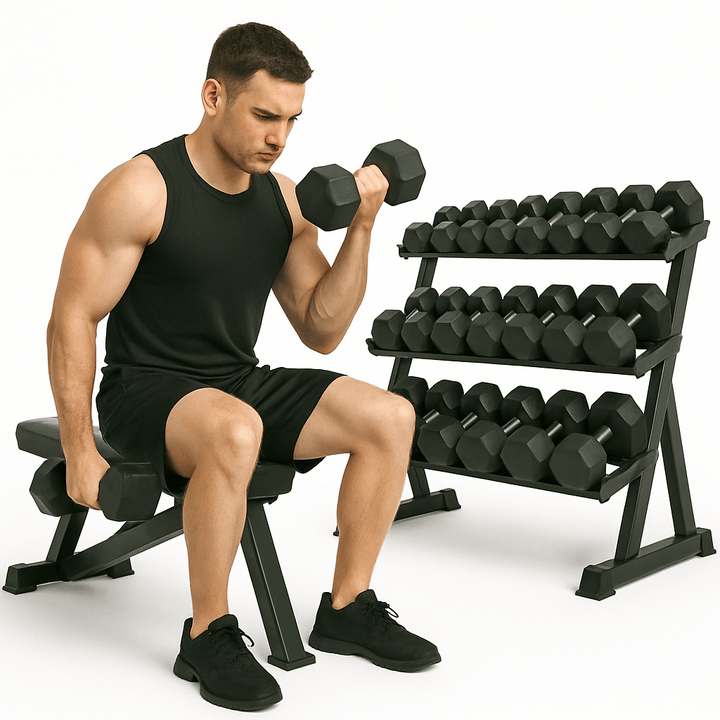Man using X-RIVAL Rubber Hex Dumbbell for strength training in a gym with dumbbell rack, ideal exercise equipment for Vancouver fitness.