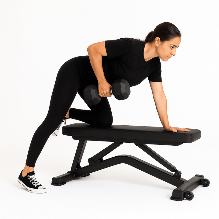 Woman performing exercise with X-RIVAL Rubber Hex Dumbbell on adjustable gym bench, home fitness equipment