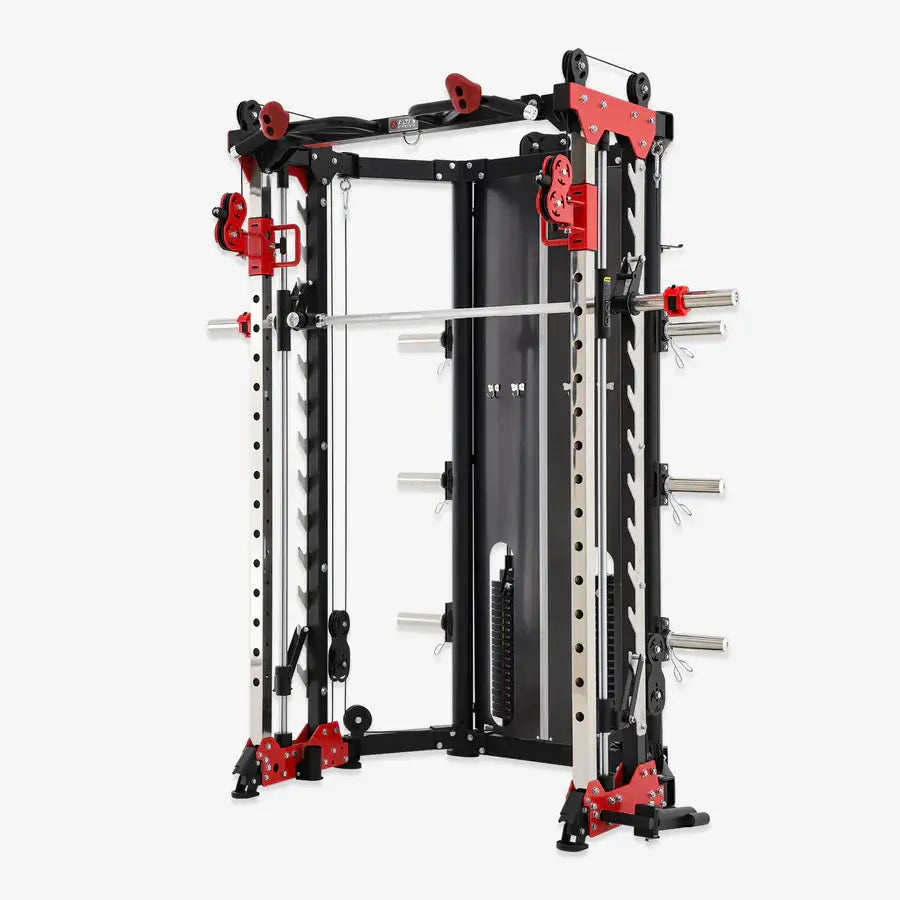 ALTAS AL-3107 fitness equipment, red alloy steel, for home gym in Vancouver. Exercise & fitness solution, compact power rack.