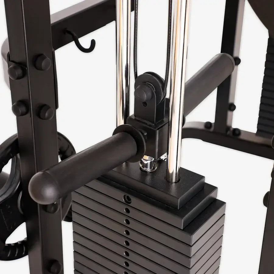 Close-up of Altas Strength Smith Machine AL-3061B in black alloy steel, ideal for home gyms in Vancouver. Fitness equipment BC.
