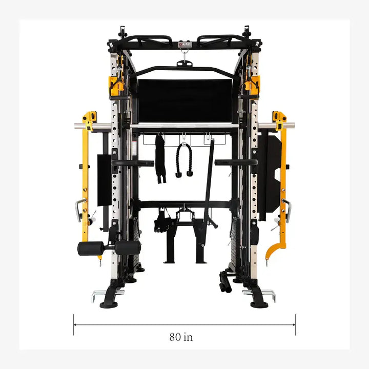 Altas Strength AL-3061B Smith Machine, yellow alloy steel, 80x60x86 inches, fitness equipment, ideal for home gyms in Vancouver.