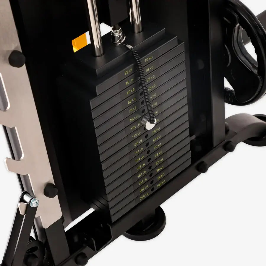 Stack weight plates on Altas Strength Smith Machine AL-3061B, fitness equipment Vancouver