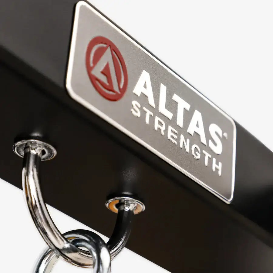 Close-up of Altas Strength branding on Smith Machine AL-3061B, gym equipment Vancouver, fitness solutions BC.