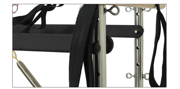 Close-up of aluminum alloy Pilates reformer with tower, showcasing versatility for fitness equipment in Vancouver.