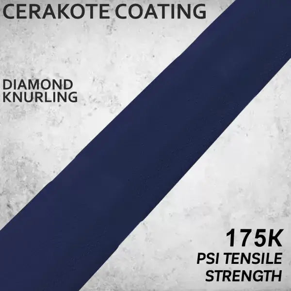 Cerakote-coated barbell with diamond knurling and 175k PSI tensile strength, ideal for weightlifting in Vancouver fitness settings.