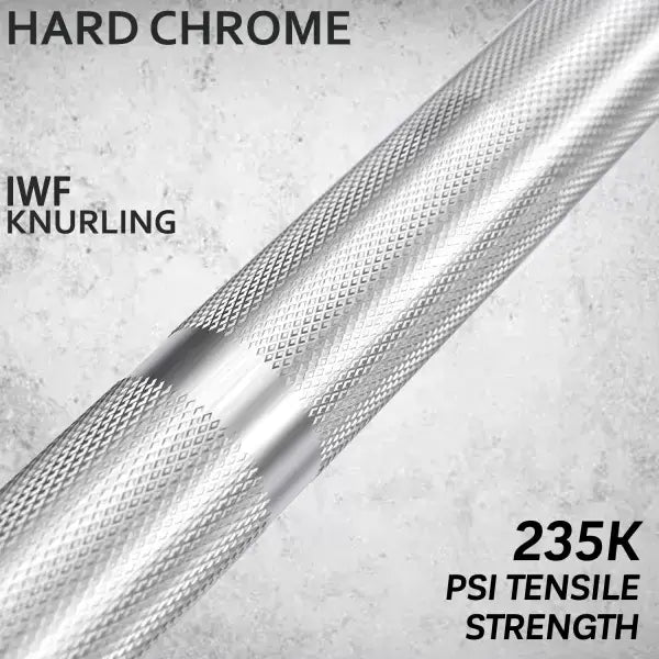 Close-up of Hero 2.0 Olympic Bar with hard chrome finish and IWF knurling, showing 235K PSI tensile strength for weightlifting.
