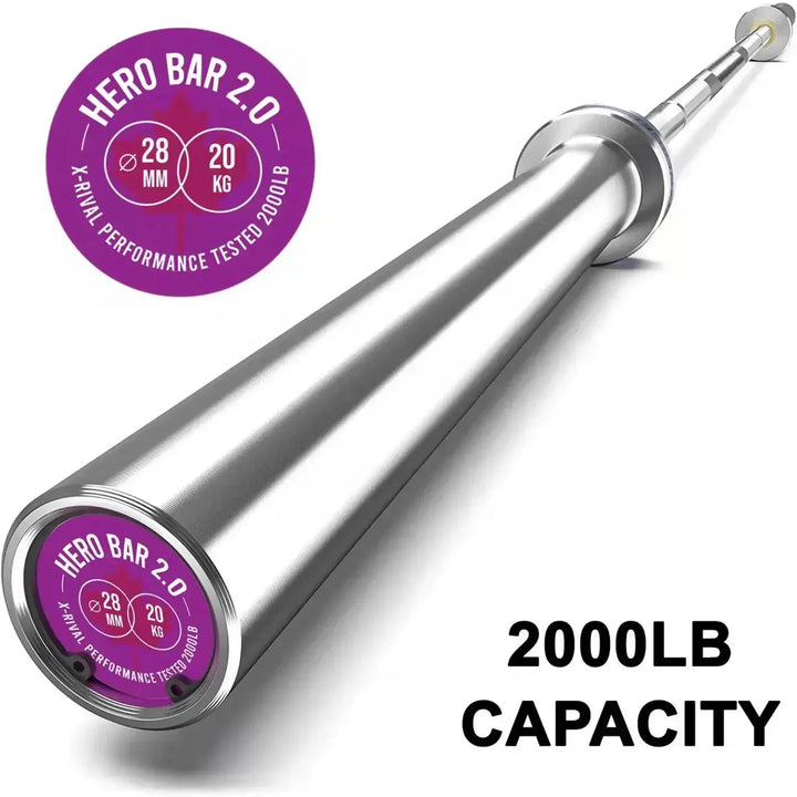Hero 2.0 Olympic Barbell with 2000LB capacity and Cerakote finish for strength training, available at X-Rival Fitness Vancouver.