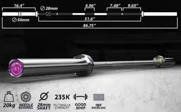 X-RIVAL HERO BAR 2.0 - 7ft Olympic barbell with 2000lb capacity, cerakote finish, ideal for professional weightlifting and strength training.