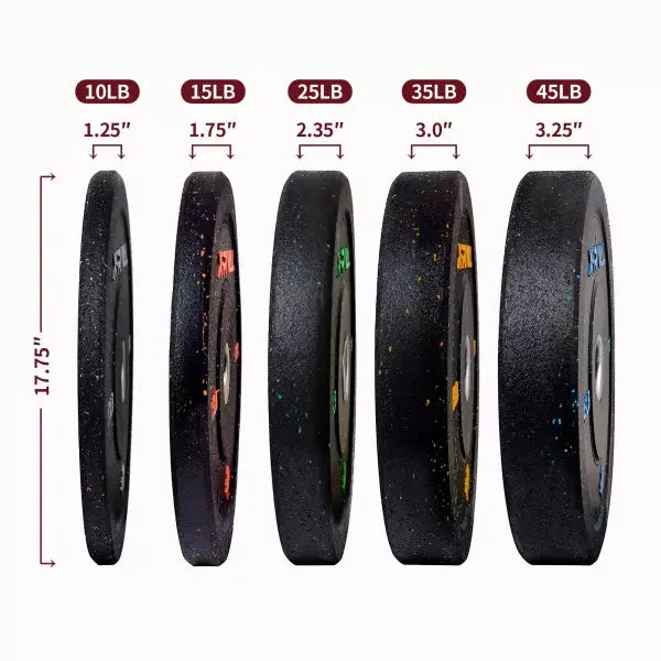 Eco-friendly X-RIVAL crumb bumper plates in various sizes for fitness equipment in Vancouver; ideal for home and commercial gyms.