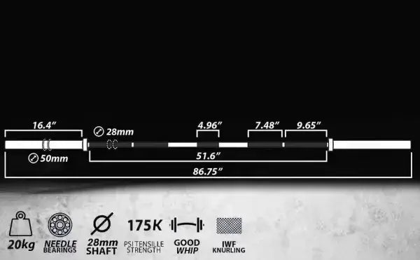 Diagram of 7ft X-RIVAL Soldier Olympic Barbell specifications and features for weightlifting, fitness equipment Vancouver