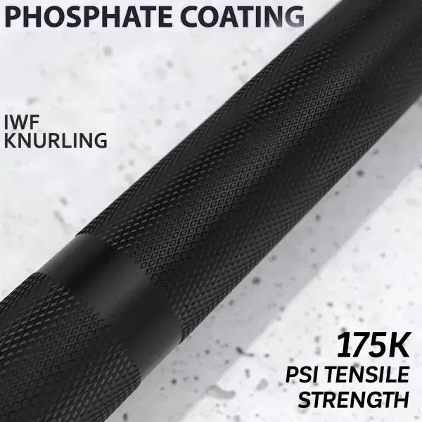 Close-up of phosphate-coated Olympic barbell with IWF knurling, 175k PSI tensile strength - fitness equipment in Vancouver.